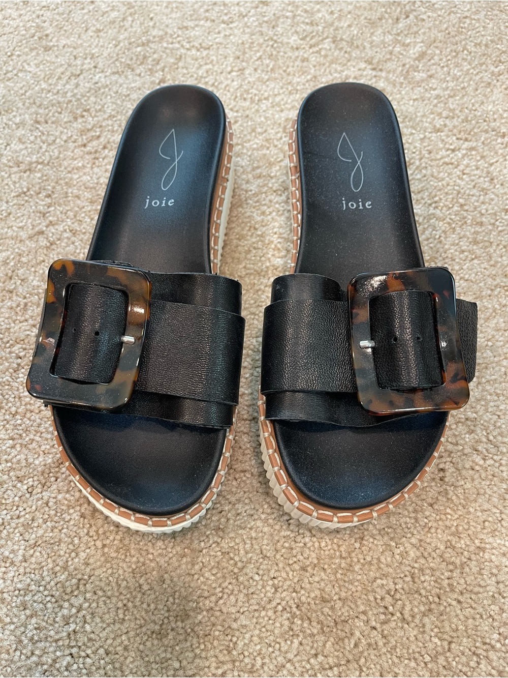 Joie Lyla platform Black leather Slide Sandal wfaux Tortoise Shell buckle 7.5M